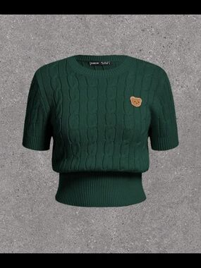 SHEIN Green Cable Knit Short Sleeve Sweater with Bear Patch